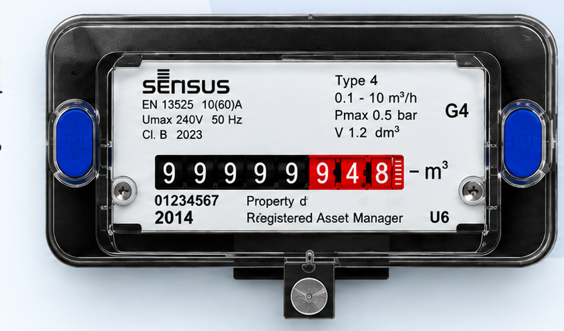 Black electricity meter with black and red meter reading display